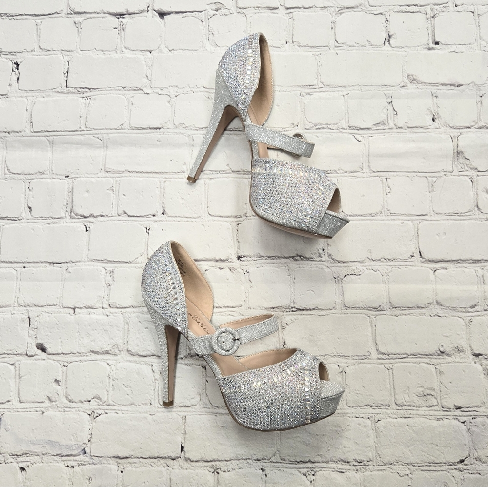 Rhinestone Silver Shimmer Stiletto Dress Heels Women's Size 8